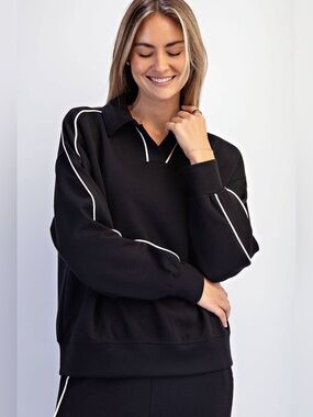 Rae Mode Black Scuba Polo Pullover Top